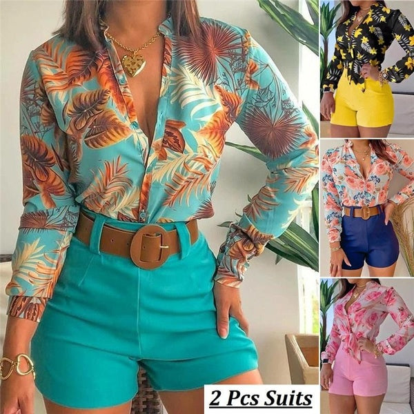 2Pcs Suits Womens Summer Fashion Long Sleeve Stand Collar Button Blouse Shirts and Casual High Waist Short Pants（7 Colors）
