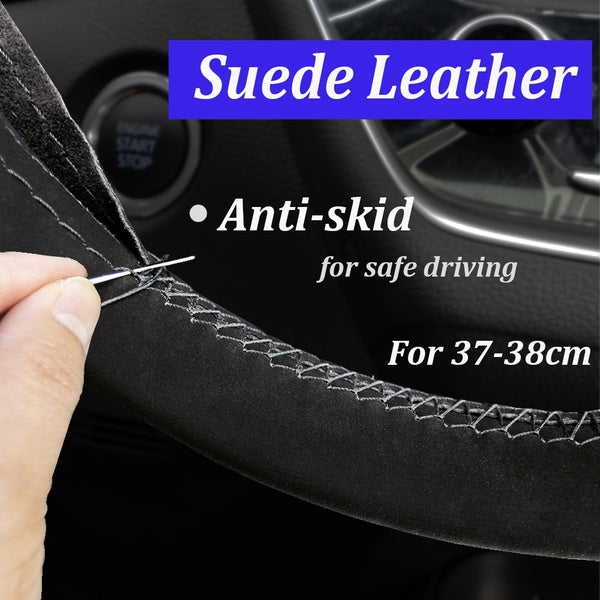 38cm-15" DIY Suede Cowhide Leather Steering Wheel Cover with Needle Thread Car-Styling Auto Interior Accessory