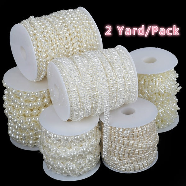 2 Yard-3 Yard Beige Artificial Pearl Rhinestones Chain Trims Ribbon Lace Trim Embroidery Applique Fabric Delicate DIY Art Craft