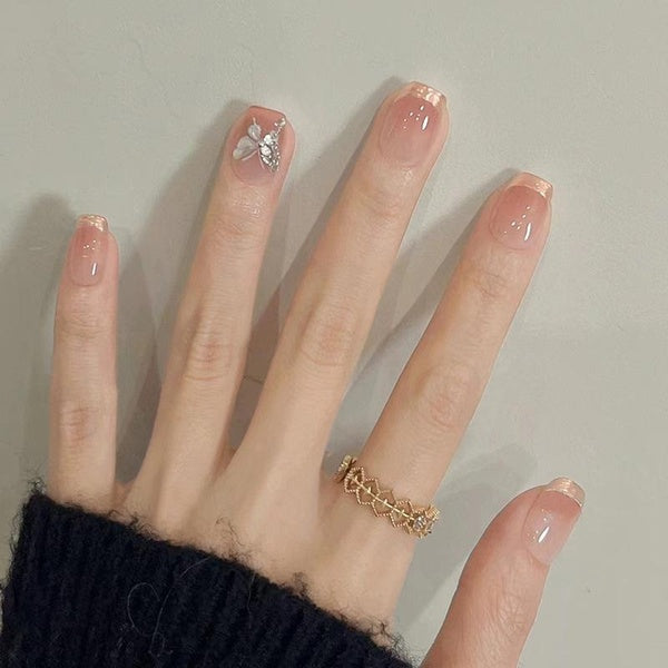 French Gradient Cat Eye Fake Nails Champagne Diamond Press On Fake Nails Rose Red Love Heart Round Head Full Cover Nails Acrylic Nails for Girls