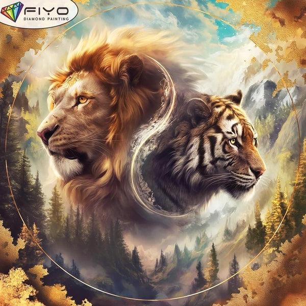 FIYO DIY 5D Lions And Tiger Diamond Painting Full Drill with Number Kits Home and Kitchen Fashion Mosaic Diamond Painting Canvas Wall Decoration Gift