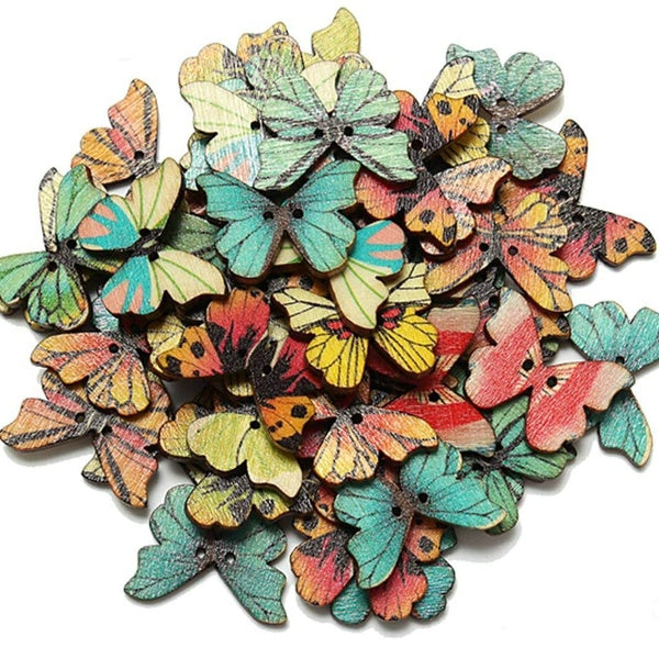 50 Pcs Colorful 2 Holes Mixed Butterfly Wooden Button for Sewing Scrapbooking DIY Craft Clothes Accessories, 1 Inch