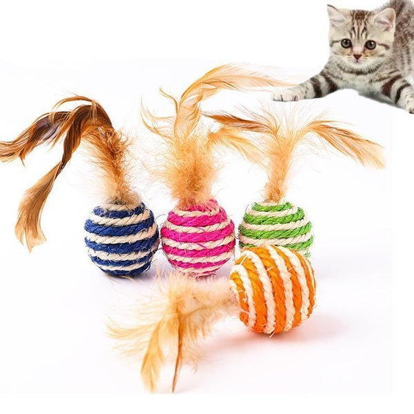 1Pc Pet Cat Toys Sisal Ball Feathered Cat Ball Cat Scratch Ball Pet Supplies Random Color