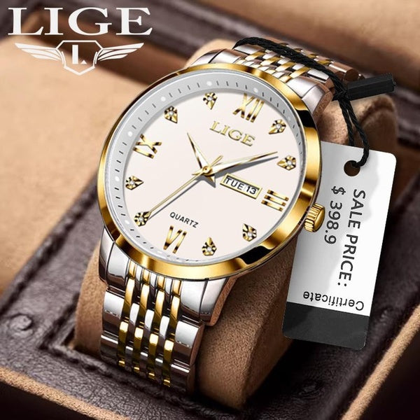 LIGE montre pour hommes haut de gamme de luxe or cadran lumineux en acier inoxydable montre à Quartz étanche calendrier montre + boîte