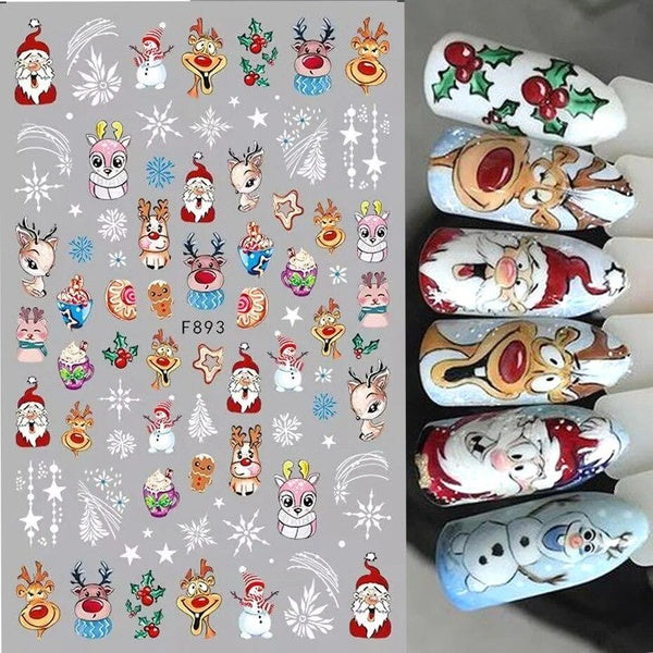 Cute Christmas Nail Art Sticker Kawaii Snowflake Deer Santa Claus Star Holly Winter Xmas New Year 3D Decals Slider Manicure Tips
