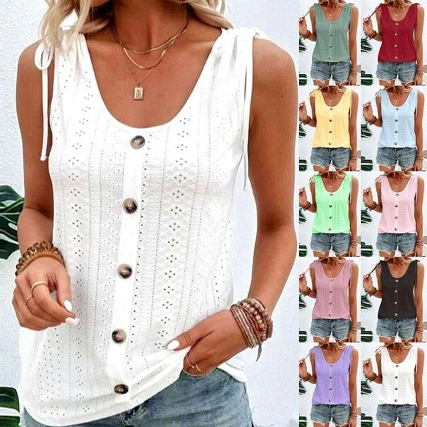 Women‘s Casual Summer Tops Plus Size Fashion Clothes Sleeveless Blouses Club Tops Sleeveless Tank Tops Ladies Deep V-neck Lace Tops Solid Color Butto