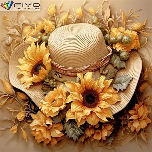 FIYO Hats and Sunflowers DIY 5D Diamond Painting Full Drill with Number Kits Home and Kitchen Fashion Mosaic Diamond Painting Canvas Wall Decoration