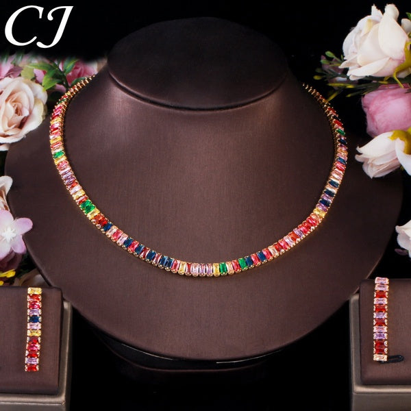 CANDICE Fashionable Yellow Gold Plated Party Jewelry Pave Muclticolor Cubic Zirconia Crystal Simple Choker Necklace Earrings Set for Women