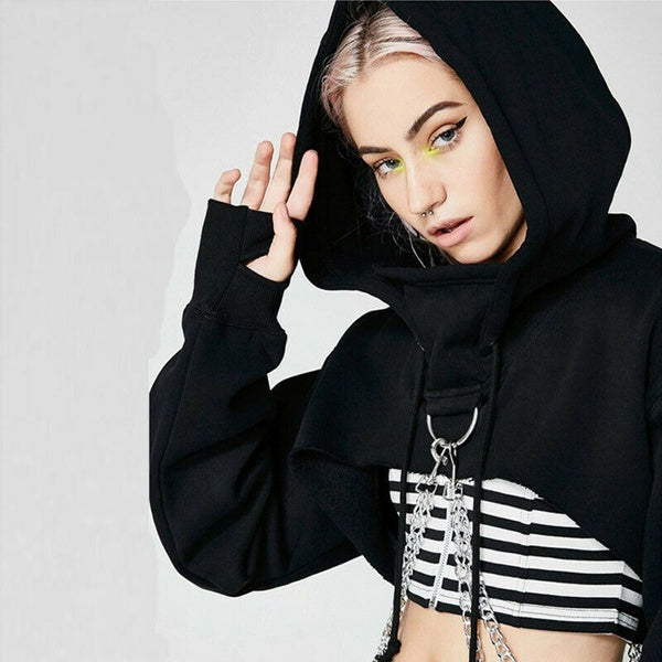 Women Gothic Punk Hoodie Sweatshirt Jumper Sweater Crop Top Casual Pullover Tops