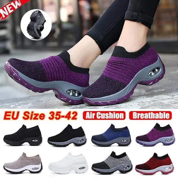 Women's Running Socks Sneakers Casual Outdoor Sport Walking Slip on Wedge Sneaker Black Comfortable Air Cushion Platform Shoes