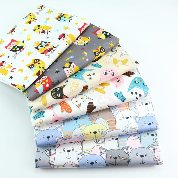 Korean Cartoon Cat and Owl Printed Cloth 100% Cotton Twill Fabric Fat Quarter Bundle of DIY Handmade Quilting Patchwork Tissue Cloth Sewing Textile M