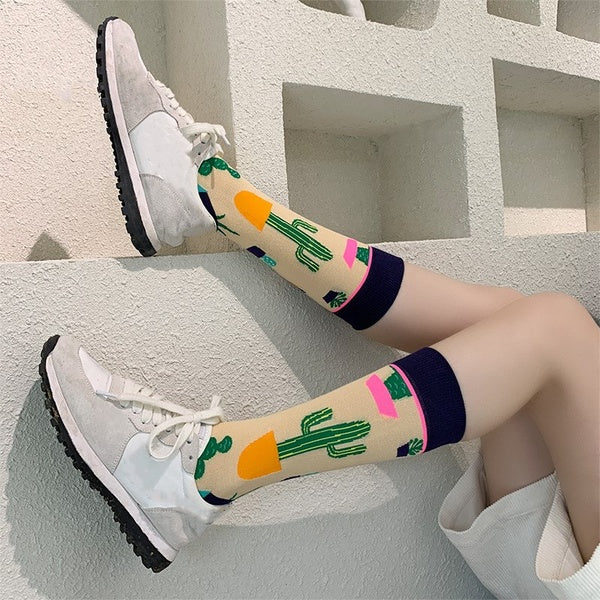 Plantes mignonnes impression motif Art hiver chaud longues chaussettes femmes girafe hérisson Cactus chaussettes drôle longues chaussettes