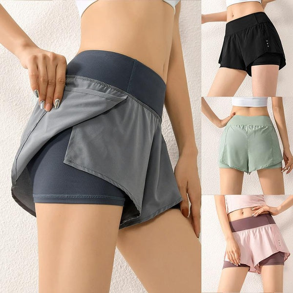 Short de course décontracté double couche à taille élastique pour femmes, short de sport 2 en 1 pour entraînement de yoga avec poches latérales