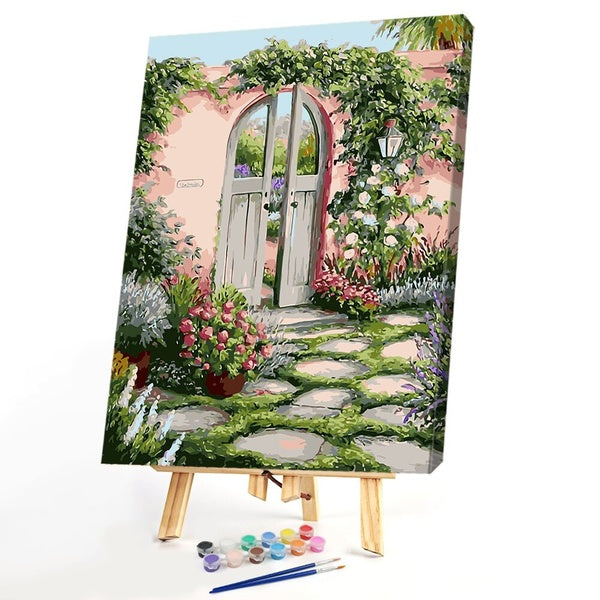 Paint By Numbers-Wooden Door Yard FIYO Diy Oil Paint by Numbers Kits for Adults and Kids Beginner on Canvas Fashion Oil Painting Wall Art for Gift( N