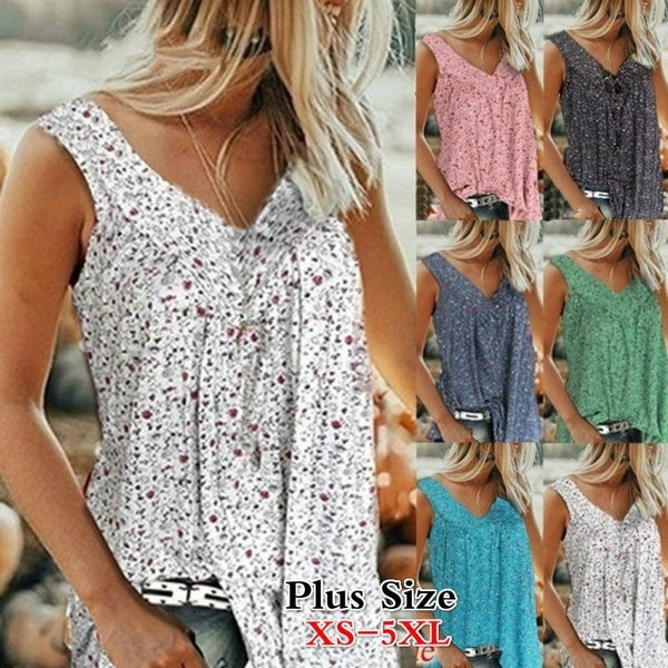 Femmes Blouses Imprimées Florales Décontractées Dames Plage Porter Des Chemises Plissées Débardeurs Col V Profond Plus La Taille XS-5XL
