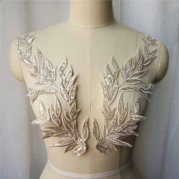 2Pcs Gold Embroidery Lace Leaf Applique Sewing Flower Collar Patch Wedding Gown Party Dress DIY Crafts