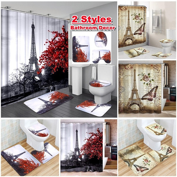2 Styles 1-3-4 Pcs Retro Paris Eiffel Tower Style Landscape Bathroom Set Waterproof Bathroom Shower Curtain Toilet Seat Cushion Non-slip Carpet Set