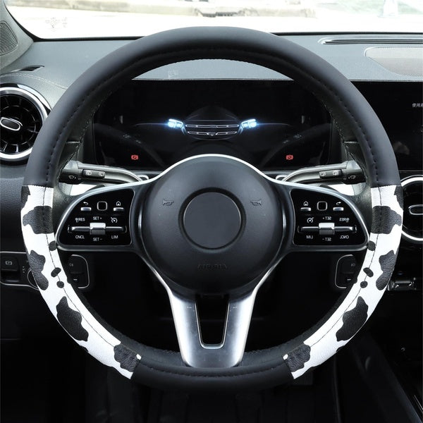 Universal 38cm Car Steering Wheel Cover Cow Print Leather Non-slip Auto Interior For Ford Focus Mondeo Fiesta C-Max S-Max B-Max