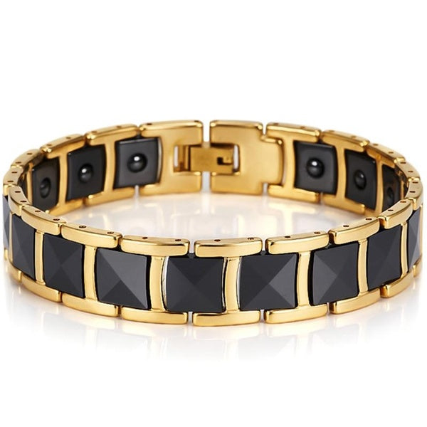 Luxury Gold Color Stainless Steel & Black Ceramic Health Magnetic Therapy Man Bracelet for Men Birthday Gifts for Boyfriend Father Him
