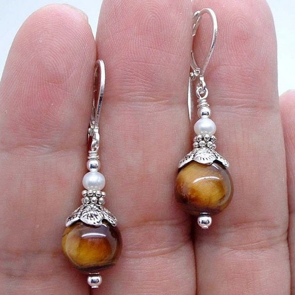 Belles boucles d'oreilles pendantes-bagues en ail de tigre naturel faites à la main