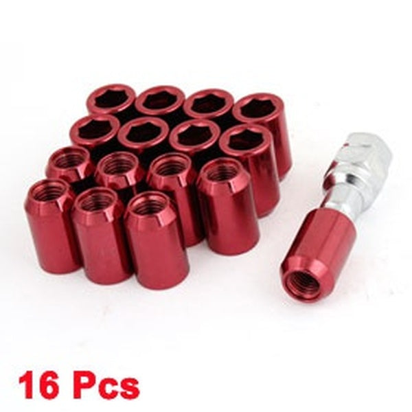 Car Tire Wheel M12x1.5 Spline Drive Lug Nuts Red 16 Pcs w Hex Key