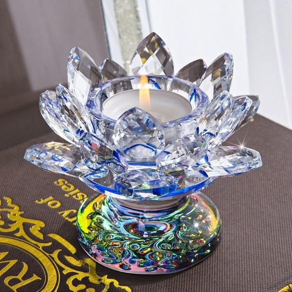 Blue Crystal Lotus Flower Tealight Candle Holder Fengshui Home Table Decor Souvenir Collectible Gift For Mom