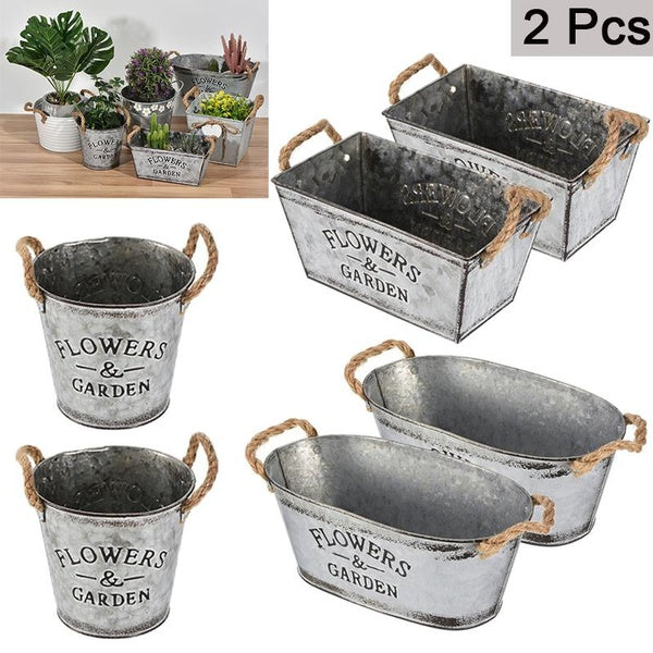 2Pcs 3 Types Plant Container with Twine Handles Vintage Rustic White Bucket Flower Pot Farmhouse Planting Gardening for Garden Decor Indoor Outdoor