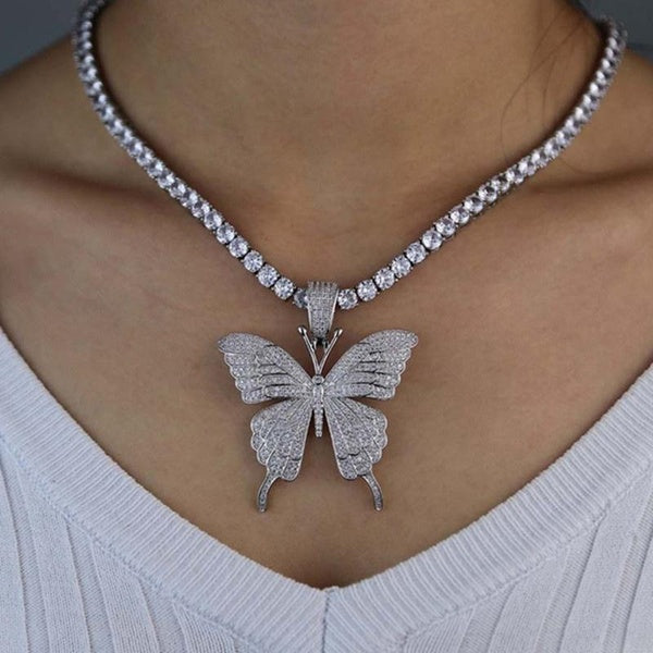 Big Butterfly Pendant Necklace Rhinestone Chain for Women Bling Tennis Chain Crystal Choker Necklace Jewelry