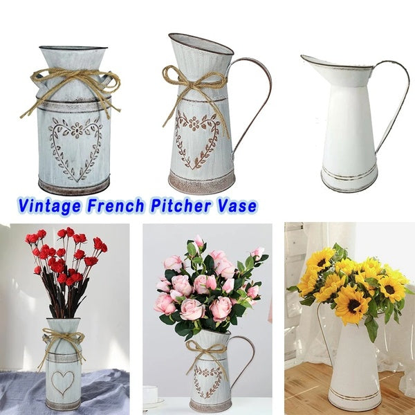 Vintage Farmhouse Decorative Pitcher Vases Metal Rustic White Flower Vase Jug Living Room Home Decor