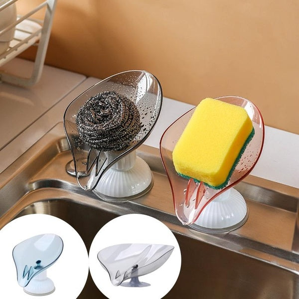 1Pc Suction Cup Drain Soap Dish Leaf Shape Punch-free Soap Box Drain Soap Holder Rack Suction Cup Rotatable Multifunction Kitchen Bathroom Gadgets