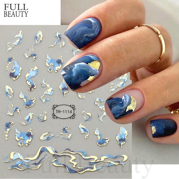 3D Golden Wave Line Nail Sticker Marble Blue Geometry Abstract Flowers Nail Art Sliders Decals Foils Manicure Decorations