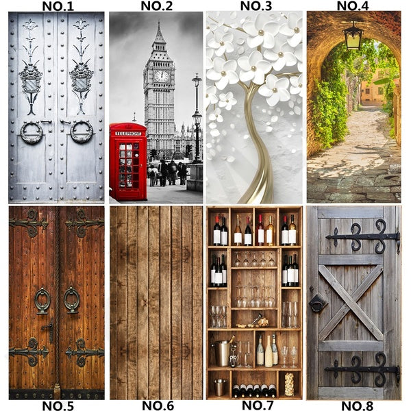 Wine Cabinet PVC Self-adhesive Door Sticker Retro Vintage Wooden 3D Photo Waterproof Wallpaper Mural Living Room Bedroom Door Decoration Flower Stick