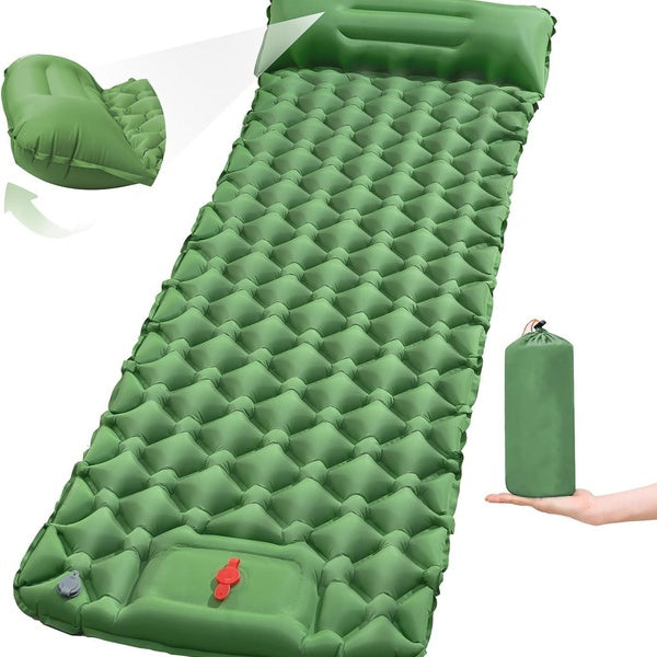 Camping Sleeping Pad Inflatable Sleeping Mat with Pillow, Built-in Foot Pump Portable Camping Air Mattress for Backpacking Hiking Traveling Tent
