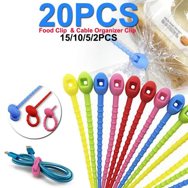 2-5-10-15-20pcs Silicone Reusable Food Grade Silicone Bag Ties Cable Management Multifunctional Household Food Clip Bread Tie Food Saver