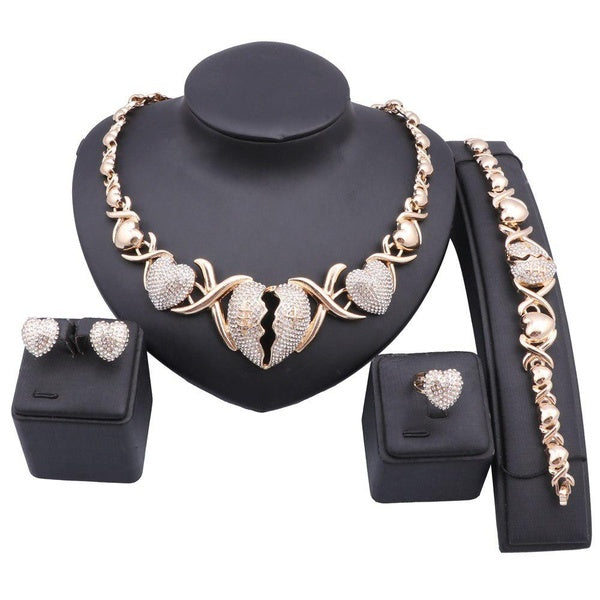 Fashion Women Bridal Costume Choker Statement Crystal Heart Necklaces Earring Bracelet Ring Collar Boho Party Jewelry Sets