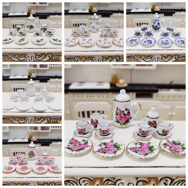 1 Set 1:12 Dollhouse Miniature Tableware Porcelain Ceramic Tea Cup 15pcs Mini Flowers Pattern with Golden Trim Teapot Cup Plate Dollhouse Furniture K