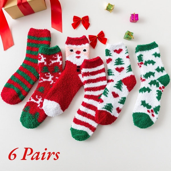 6 Pairs Fashion Christmas Stockings Colorful Coral Velvet Socks Snowman Bear Elk Cartoon Animal Autumn Winter Warm Casual Socks