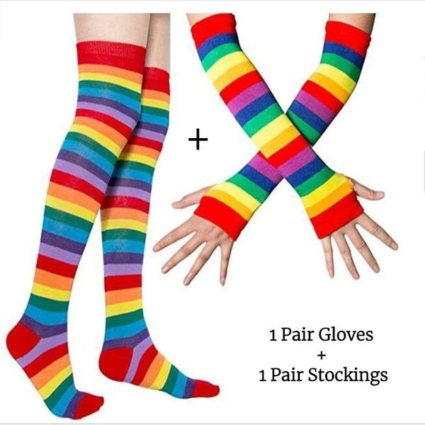 1Set Women Over Knee Socks Rainbow Colorful Cotton Striped High Thigh Long Gloves Stockings Set Halloween Cosplay