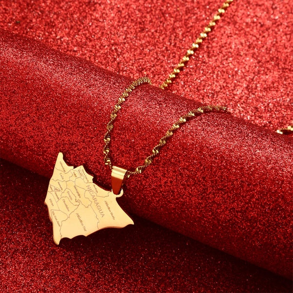 Carte du Nicaragua avec des colliers pendentifs de villes Bijoux en or couleur argent Bijoux nicaraguayens