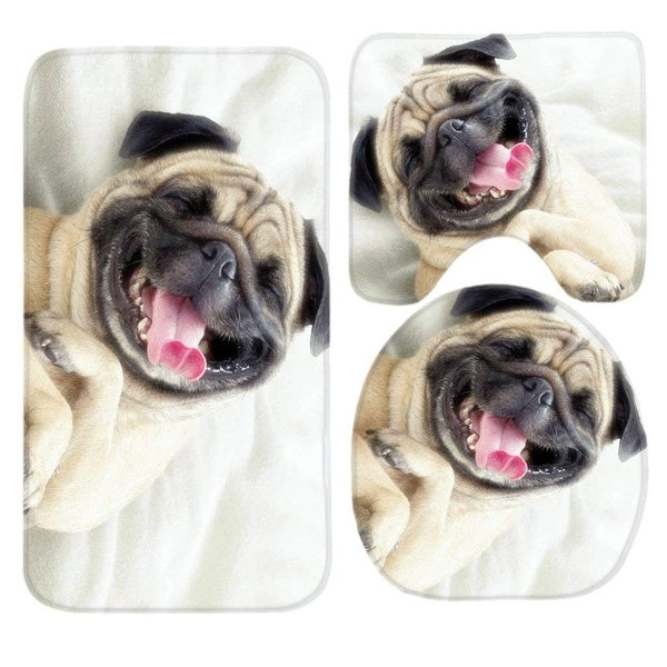 Tapis de bain mignon Pug Dog Set 3 pièces tapis de salle de bain ensemble tapis de salle de bain antidérapants tapis couverture de toilette