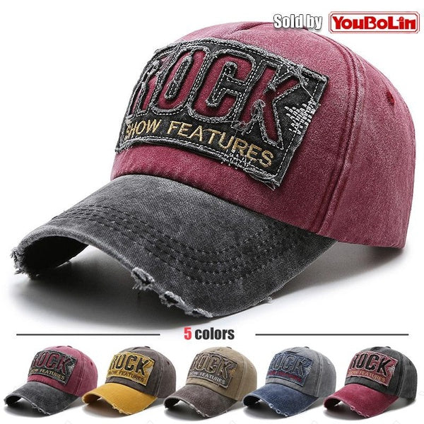 Nouvelle mode 'ROCK' lettres brodées Patch déchiré brossé lavé en détresse Design Style hommes femmes coton casquette de Baseball réglable classique