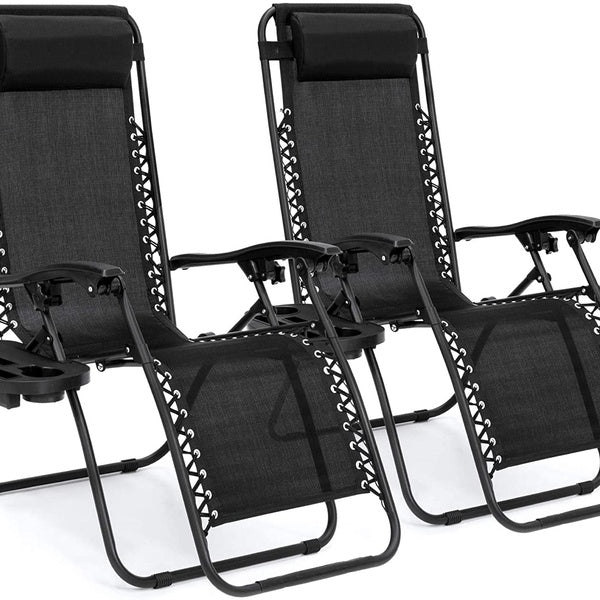 Best Choice Products Set of 2 Adjustable Steel Mesh Zero Gravity Lounge Chair Recliners w-Pillows and Cup Holder Trays, Black