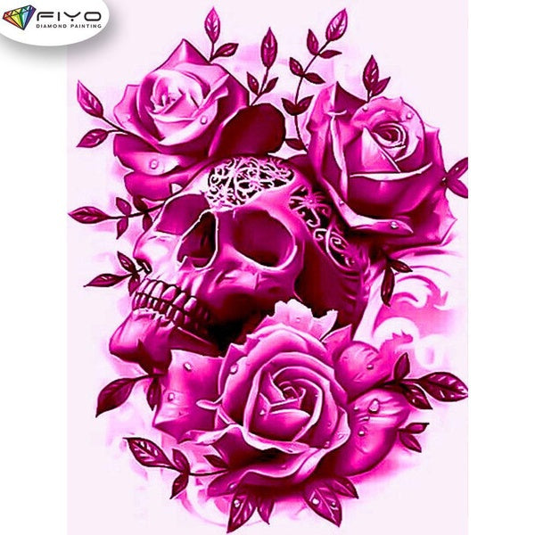 FIYO Pink Roses and Skull Diamond Painting Kits For Adults DIY 5D Diamond Mosaic Diamond Painting Home and Kitchen Fashion Canvas Pictures Wall Decor