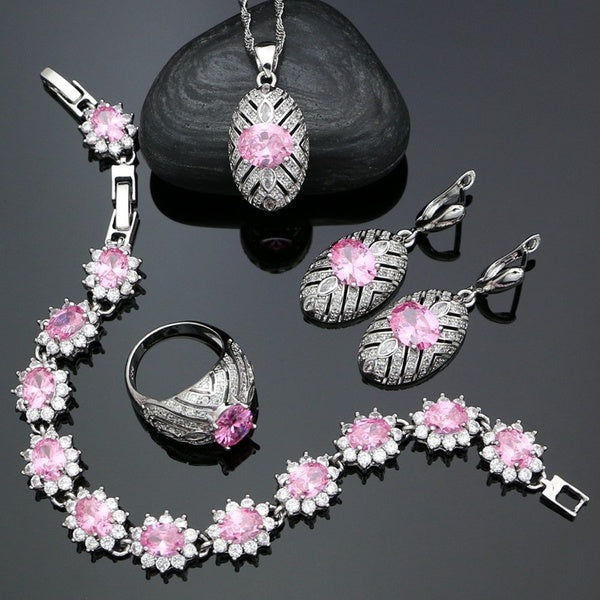 Oval Gemstone 925 ensembles de bijoux en argent pour les femmes rose zircon boucles d'oreilles pendantes bague pendentif collier bracelet