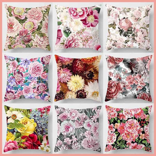 Pink floral print square pillowcase, home decoration, car sofa cushion cover (45cm * 45cm)