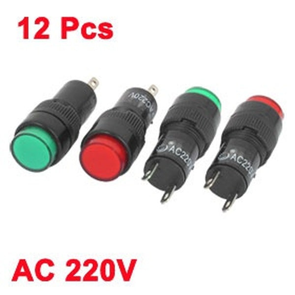 AC 220V 2 Terminals Signal Lamps Indicator Pilot Lights Bulbs Green Red 12 Pcs