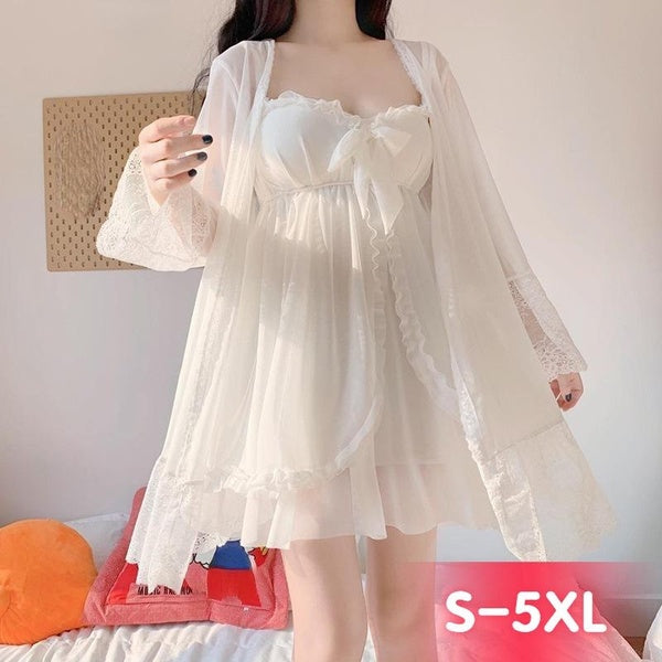 Women's Retro Court Style Lace Pajamas Suit 2Pcs Soft Pj Sets Ladies Elegant Sleepwear Camisole Lingerie with Robe