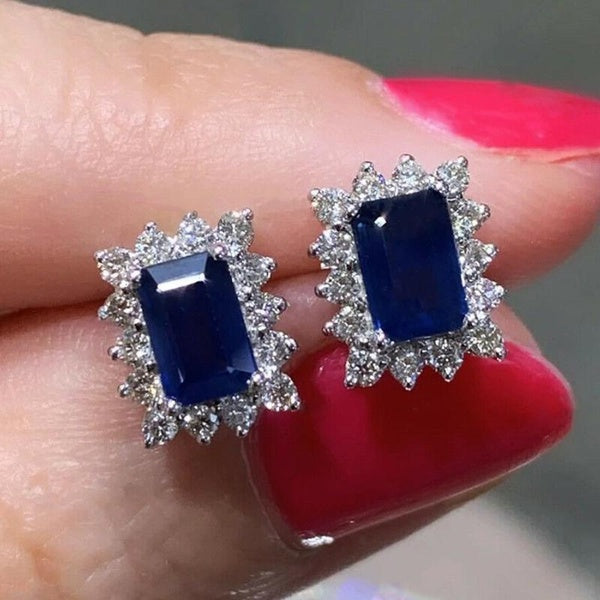 Trendy Square Cut Blue Sapphire Lab Diamond Stud Boucles d'oreilles pour les femmes de mariée Mariage Party Boucles d'oreilles Bijoux