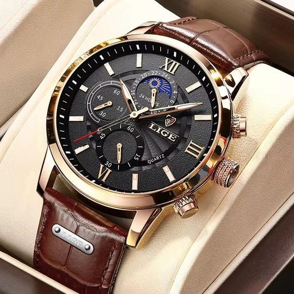 LIGE 2024 Montre analogique à quartz pour homme avec bracelet en cuir, montre pour homme de marque de luxe, design moderne et style décontracté, parf