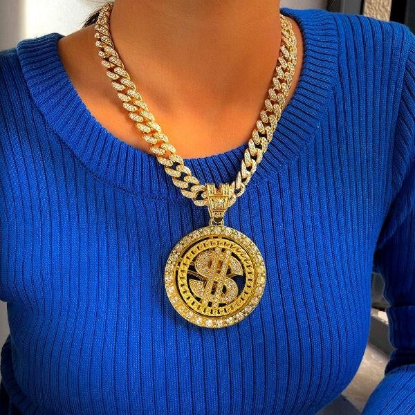 Punk Hip Hop Iced Out Crystal Rotatable Dollar Sign Pendant Necklace Chunky Miami Cuban Link Chain Necklace Zircon Choker for Women Men Jewelry